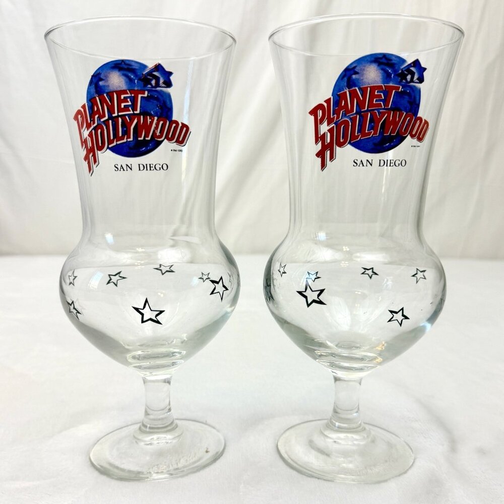 Set of 2 Vintage Planet Hollywood San Diego 8.25" 16oz Souvenir Hurricane Glass